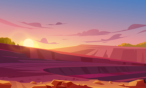Landscape with mining quarry at sunset. Opencast mine with rubble, sand or marble. Vector cartoon illustration of ore extraction open cast, digging pit in rock, earth or sandstone