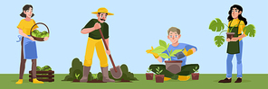Gardening or farm works. Men and women cottagers planting and caring of trees and plants, harvesting crop and digging soil. Happy characters working in summer garden, Cartoon vector illustration