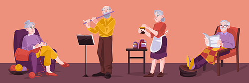 Seniors hobby, old people active lifestyle, male and female elder characters knitting, playing flute, making jam and reading newspaper. Grandmother and grandfather leisure, Cartoon vector illustration