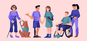 diverse handicap people group, disability concept. disabled character on ., man and woman with bionic hand or leg prosthesis, blind girl with stick and guide dog, cartoon vector illustration