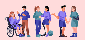 diverse handicap people group, disabled female character on . communicate with deaf-mute man, couple with bionic hand or leg prosthesis, human disability concept, cartoon vector illustration