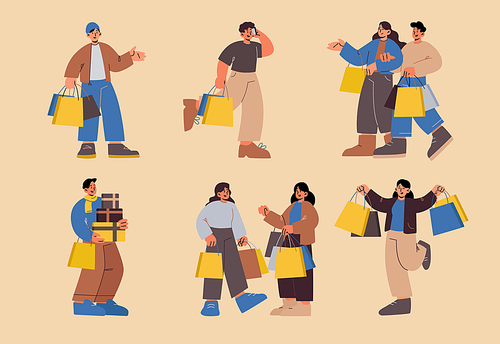 People with shopping bags and gift boxes. Happy shop customers, buyers in mall. Vector flat set of persons carrying packages. Women and men walking with bags isolated on background
