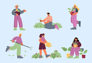 Gardening or farm works. Men and women planting and caring of sprouts and plants, raking ground, watering and fertilize flowers. Characters working in summer garden, Line art flat vector illustration