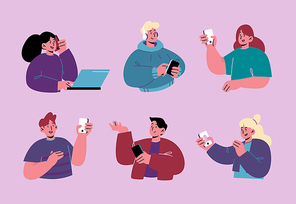 Set of people with mobile phones, men and women with smartphones call, messaging, chatting, texting, reading newsfeed in social media. Teens gadget addiction, Line art flat flat vector illustration