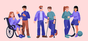 people with diverse disabilities, physical incapacities. vector set of flat illustrations with men and women in ., with crutch, leg prosthesis, hearing aid and bandage on eye