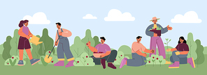 People work in garden, plant flowers and vegetables, harvest berries. Vector flat illustration of farmers or volunteers gardening together on farm, yard or public park