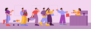 People stand in mall queue. Customers with paper bags and gift boxes waiting turn in line at shop with cashier woman at desk. Sale, shopping buys and purchases, Line art flat vector illustration