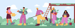 People gardening works on farm or garden. Men and women farmers planting and watering sprouts, raking ground. Happy farmers characters group working in summer orchard Line art flat vector illustration