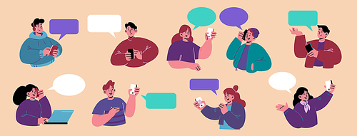 People with smartphones and speech bubbles. Young men and women using gadgets for chatting and texting to friends. Characters communicating use internet technologies, Line art flat vector illustration