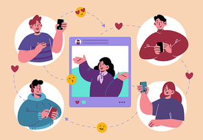 People communicate via mobile phones, young men and women with smartphones chatting and texting messages to friends. Characters use gadgets internet and social media, Line art flat vector illustration