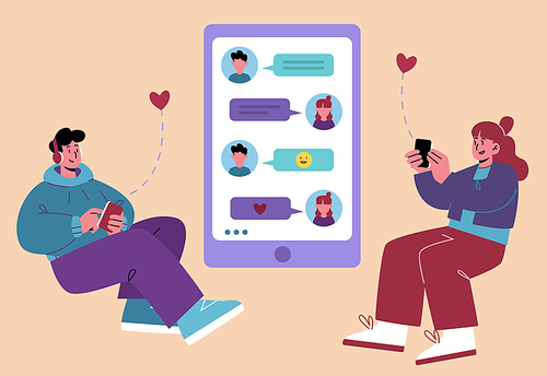 Man and woman dating online, virtual love chat. Young male, female characters sit at huge smartphone screen send messages to each other. Loving relations in internet, Line art flat vector illustration