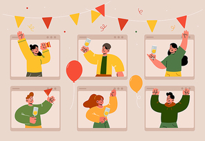 Online party, video call with happy people celebrating birthday, event or holiday. Vector flat illustration of men and women in computer windows with champagne, confetti, garland and balloons