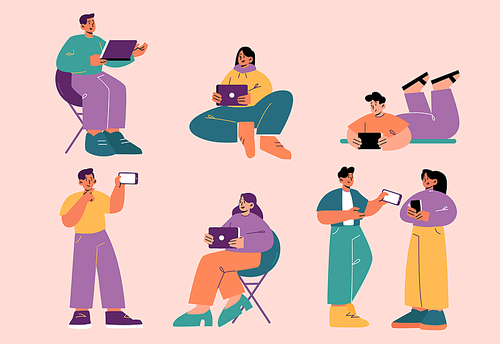 People using mobile phone, tablet and laptop. Vector flat illustration with happy men and women use digital gadgets, take photo on smartphone, talking and watching internet content