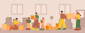 Family packing and move to new house. Vector flat illustration of home interior with happy people and kids carry cardboard boxes. Concept of relocation, moving, leave dwelling