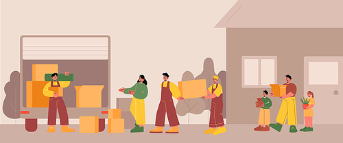 Family move to new house with cardboard boxes. Vector flat illustration of workers carry home stuff to van with open trunk. Concept of moving service with loaders and truck