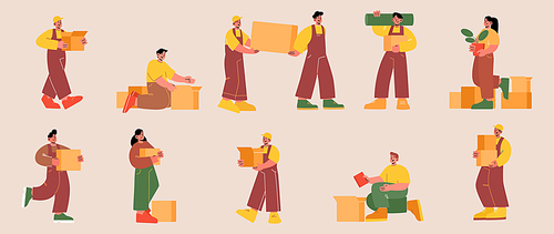 People relocation and moving into new house set. Family characters and workers in uniform carry with cardboard boxes. Professional delivery company loader service line art flat vector illustration