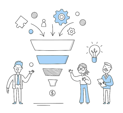 Business funnel concept with people and sales funnel. Vector doodle illustration of internet marketing strategy, diagram of online customer traffic management