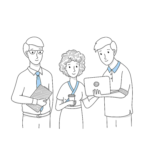 Doodle business people team, businessmen with laptop or clip board and woman holding coffee cup discuss working issues, corporate employees teamwork, manager group in office Linear vector illustration