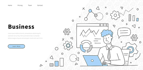 Business banner with man works on laptop in office. Vector landing page with doodle illustration of businessman with notebook on background of diagrams, charts and gears