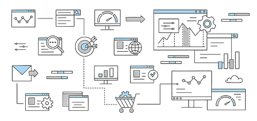 SEO, search engine optimization infographic with icons of Internet marketing, digital content analysis and management. Vector doodle illustration with shopping cart, megaphone, graphs and target