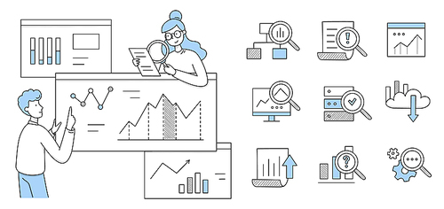 People research analytics on dashboard with graphs and charts. Vector doodle icons of statistic analysis, work with database and information report with diagrams and magnifying glass