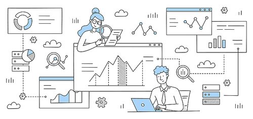 People work with research analytics and statistic. on dashboard with graphs and charts. Vector doodle illustration of data analysis with man with laptop, woman with report, graphs and charts