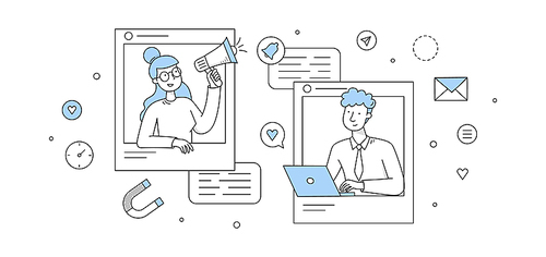 Social media marketing concept with people lead blog and icons of SMM. Vector doodle illustration of man with laptop, woman with megaphone, signs of email, magnet and heart