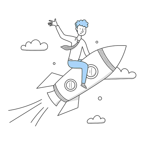 Businessman flying on rocket up to sky. Business concept of startup, goal achievement, ambition task, trend, successful career boost, progress and leadership, Line art doodle vector illustration