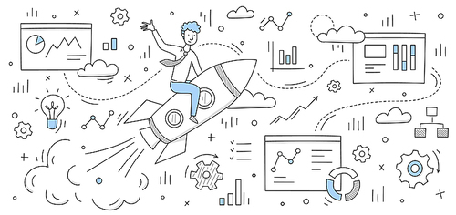 Business concept of startup with successful businessman flying on rocket with doodle smm and data analysis icons around. Leader achieve the goal, create new project, boost Line art vector illustration