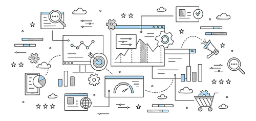 SEO optimization abstract business background with doodle icons. Diagram, magnifier, document, cogwheel and target with arrow, loudspeaker, gears, pc desktop and charts, line art vector concept