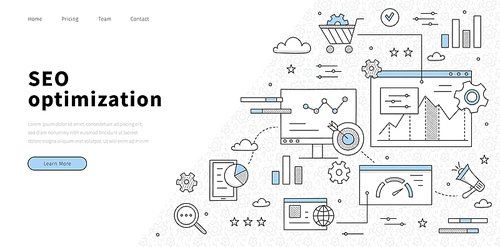 SEO optimization line art landing page, abstract business concept with doodle icons. Marketing diagram, magnifier and target with arrow, loudspeaker, gears, pc desktop and charts, Vector web banner