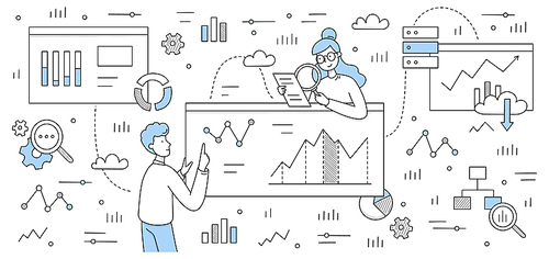 Data analysis concept with business analysts research charts, graphs and diagrams of sales management statistics, operational reports and key performance indicators Line art doodle vector illustration