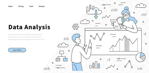 Data analysis doodle landing page, business analysts learning charts at dashboard, planning investment strategy, profits and risks. Sales management statistics and reports Line art vector web banner