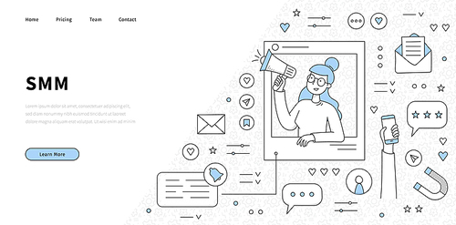 SMM social, media, marketing line art landing page. Doodle businesswoman with loudspeaker and media icons around. Business concept with influencer attracting followers in internet, Vector web banner