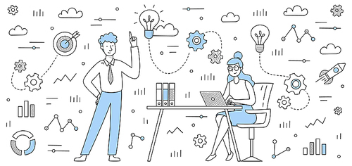 Business team develop idea doodle concept, colleagues work together with laptop thinking creative solutions with infographic icons around. People teamwork brainstorm in office Line vector illustration