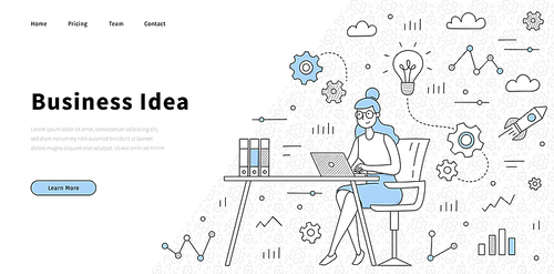 Business idea landing page in doodle style. Businesswoman working at desk with laptop in office, developer thinking on creative solutions with infographic icons around, Line art vector web banner