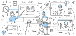Online education, training, webinar. School or university students listen tutor on computer desktop, distant studying, e-learning. Teacher explain lesson via internet, Doodle line vector illustration