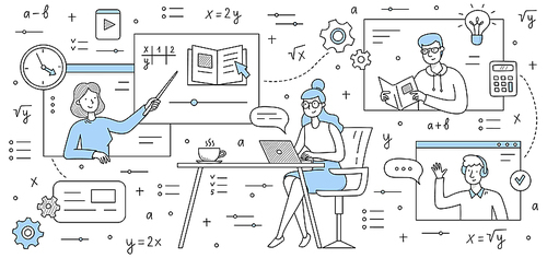 Online education, training, webinar. School or university students listen tutor on computer desktop, distant studying, e-learning. Teacher explain lesson via internet, Doodle line vector illustration