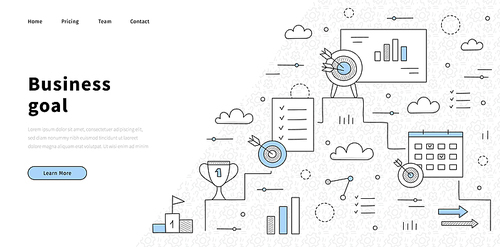 Business goal doodle landing page, concept of achievement, success and leadership. Pedestal with target and arrow, flag, to-do list , chart, calendar, schedule and cup, Line art vector web banner