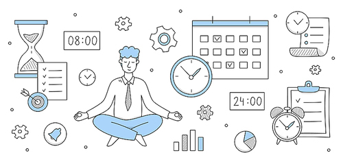 Businessman relaxing and meditating in lotus pose with office supplies and infographic doodle icons around. Worker avoid stress practicing mindfulness business yoga meditation, Vector illustration