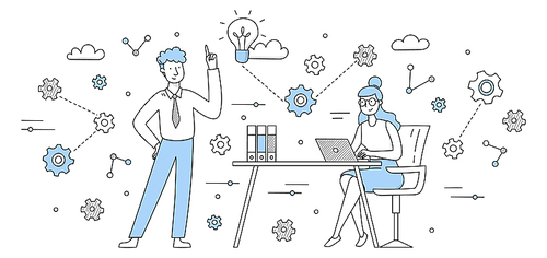 People work and do brainstorm in office. Concept of business idea, teamwork, team meeting. Vector doodle illustration of man and woman with laptop on workplace, light bulb and gears