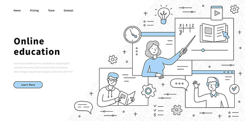 Online education banner with teacher and students on computer screens. Vector landing page of digital distant school or university training, e-learning with sketch illustration