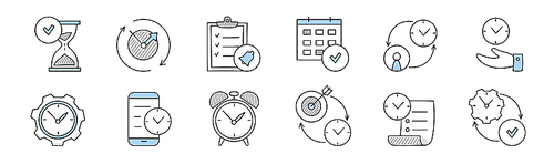 Time management doodle icons with clock, gear and calendar. Vector hand drawn symbols of work organization with watch, alarm, hourglass, phone, checklist and target isolated on white 