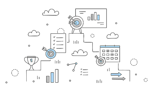 Business strategy and goals concept. Vector hand drawn illustration of targets and growth with pyramid of steps with dartboards with arrows, award, checklist and charts