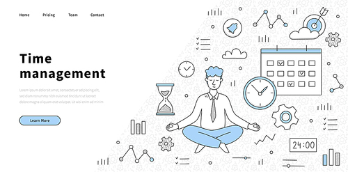 Time management banner with man in yoga pose, clock, gears and calendar. Vector landing page of work organization, time control with doodle businessman meditate, watch, hourglass and graph icons