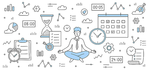 Time management concept with man meditate in yoga pose and icons of clock, gear, target and calendar. Vector doodle illustration of businessman relax and signs of watch, hourglass and graph icons