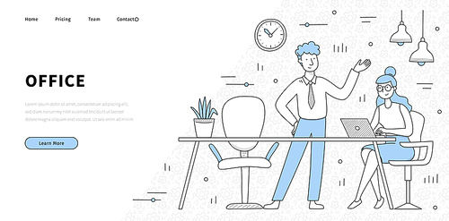 Office banner with people work together in room with table, lamps, chairs and clock. Vector landing page of workplace, coworking or open space office with doodle employees at desk with laptop