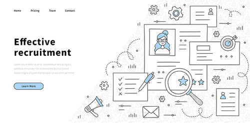 Effective recruitment banner. HR management, search company staff and personnel concept. Vector landing page of hiring employees with doodle illustration of woman CV