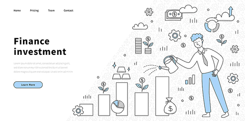 Finance investment doodle landing page, money grow concept with investor water chart with money tree seedling, gold bars and sack with dollars, Wealth rise, income growth, Line art vector web banner