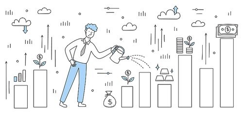 Finance investment, money grow doodle concept with businessman water statistics chart with money tree in pot, gold bars and dollar bills, wealth rise, income growth, Line art vector illustration